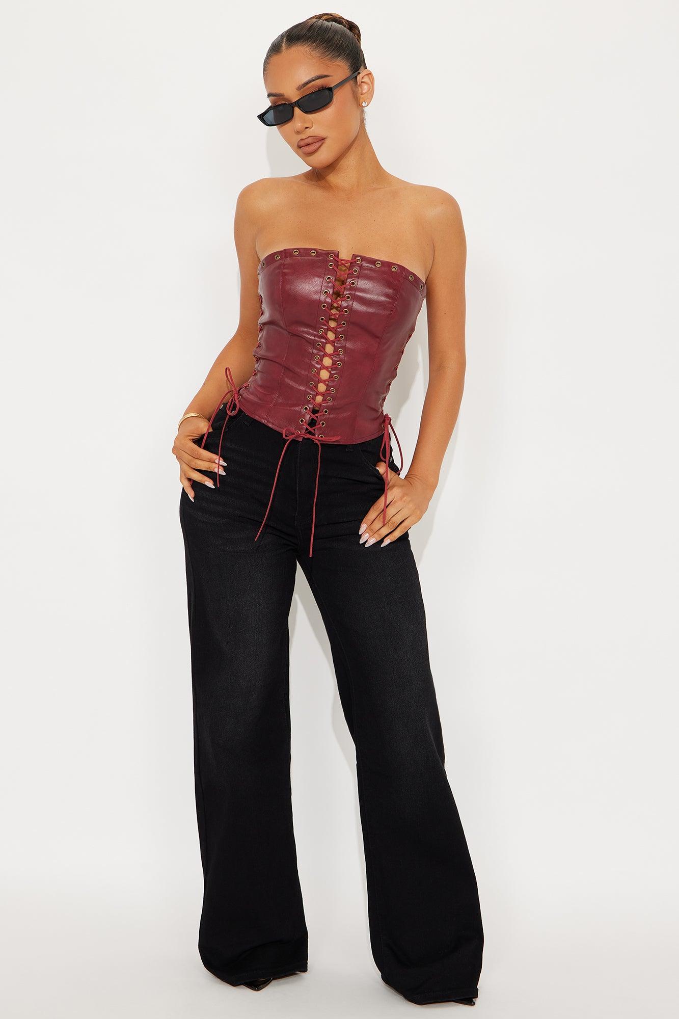 A Piece Of Work Faux Leather Lace Up Top - Burgundy Product Image