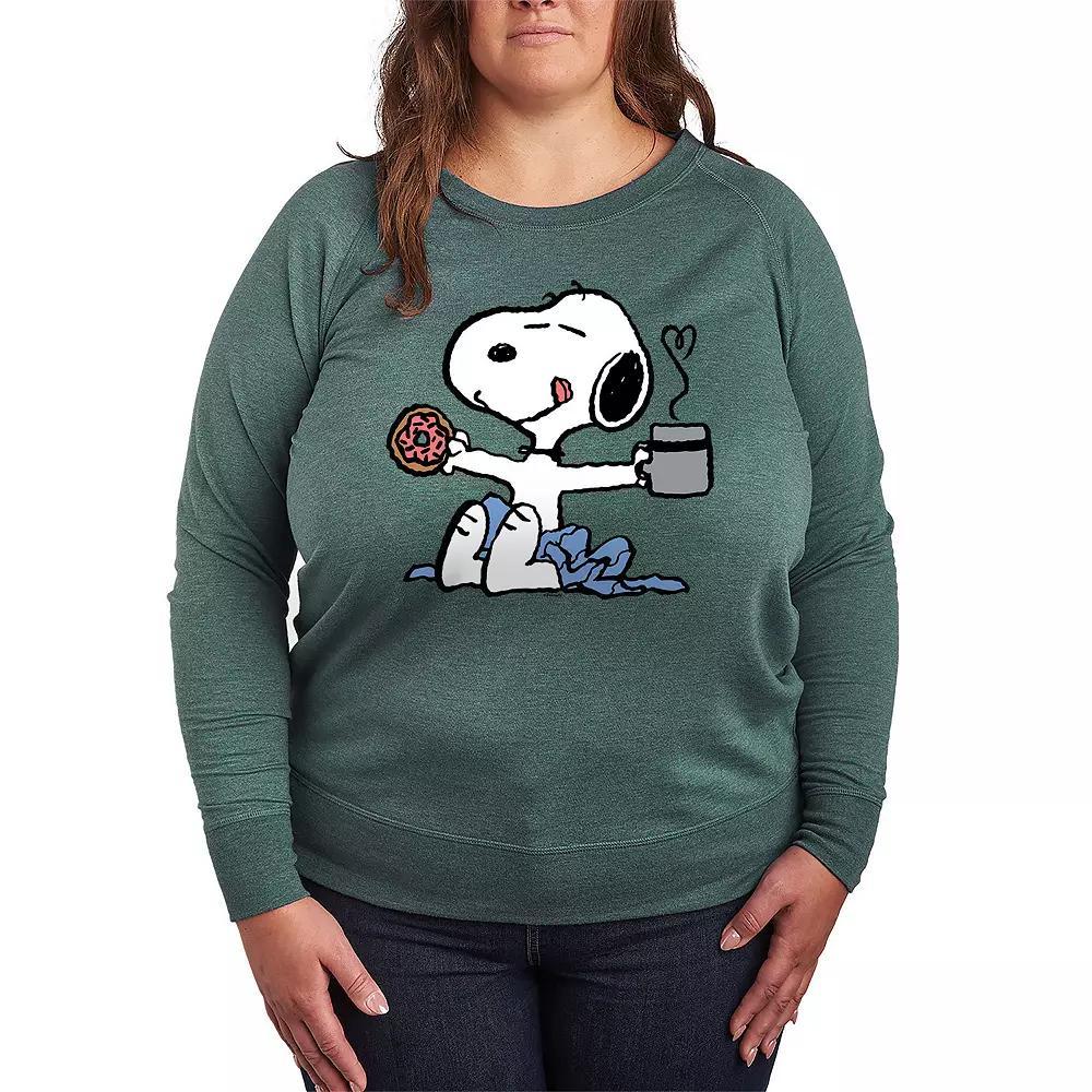 Plus Size Peanuts Snoopy Donut And Coffee French Terry Long Sleeve Tee, Womens Grey Green Product Image