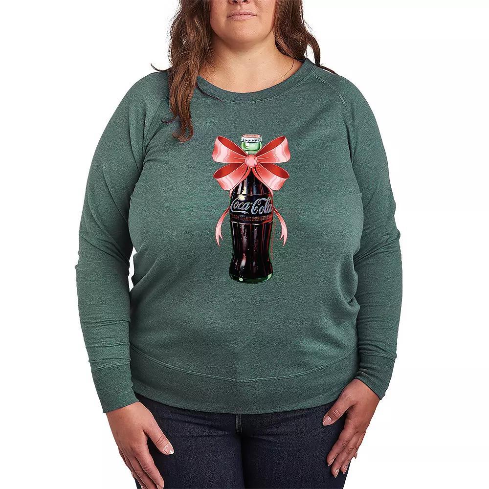 Plus Size Coca-Cola Bottle Bow French Terry Long Sleeve Tee, Womens Grey Green Product Image
