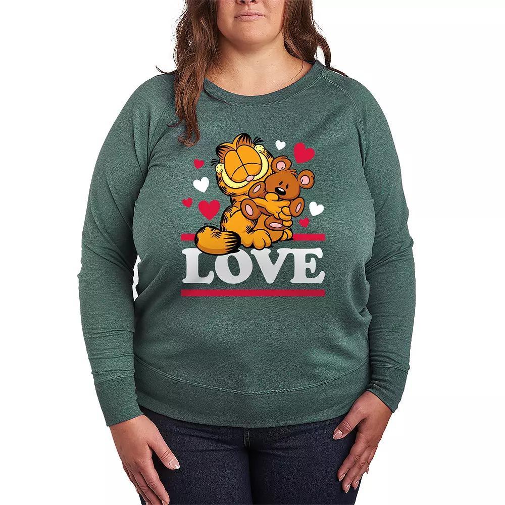 Plus Size Garfield Love French Terry Long Sleeve Tee, Womens Grey Green Product Image