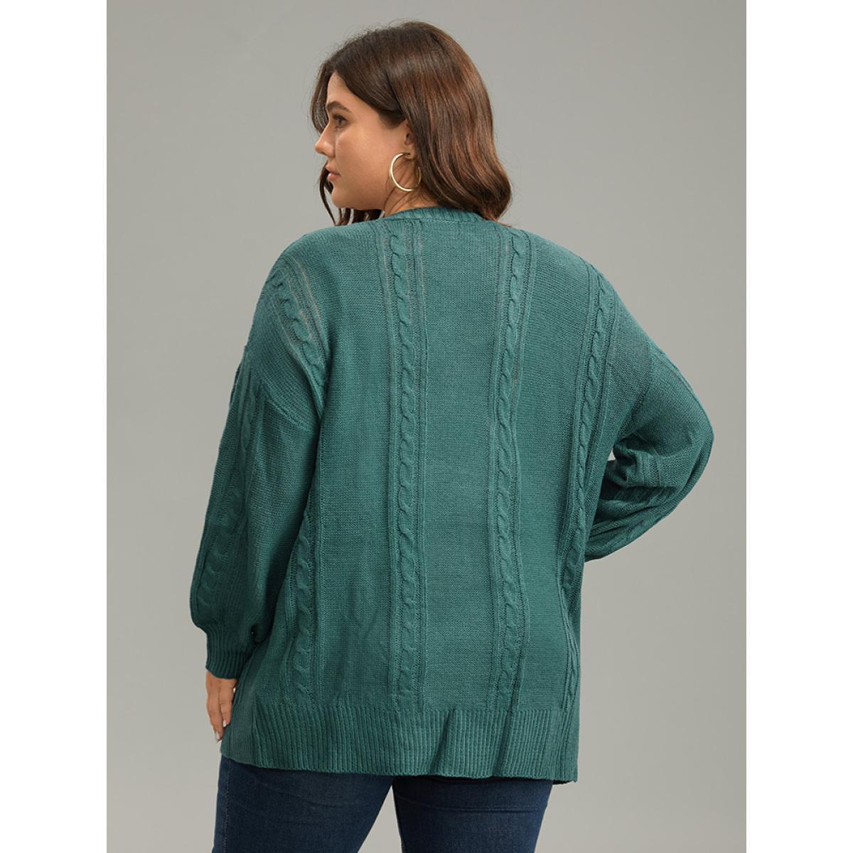 Plus Size Floral Embroidered Cable Knit Lantern Sleeve Cardigan DarkGreen Women Casual Loose Long Sleeve Dailywear Cardigans BloomChic 28/5X Product Image