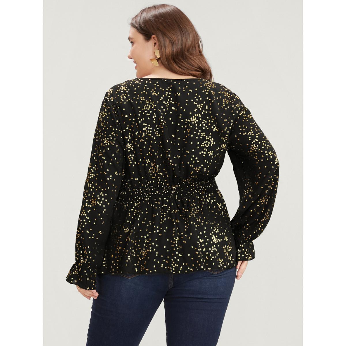 Plus Size Black Star Print Lantern Sleeve Asymmetrical Ruffles Hem Wrap Blouse Women Party Long Sleeve V-neck Going out Blouses BloomChic 26/4X Product Image