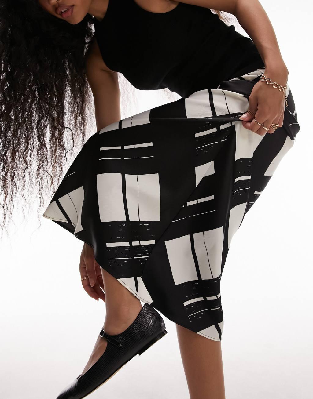 Topshop Petite satin bias skirt with printed check Product Image