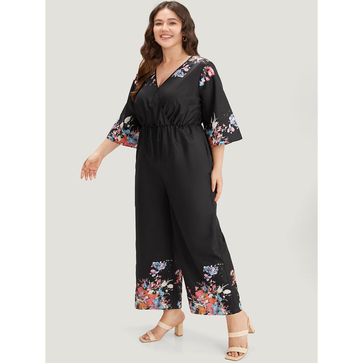 Plus Size Black Boho Print Drawstring Pocket Flutter Sleeve Jumpsuit Women Elegant Elbow-length sleeve V-neck Everyday Loose Jumpsuits BloomChic 14-16/1X Product Image