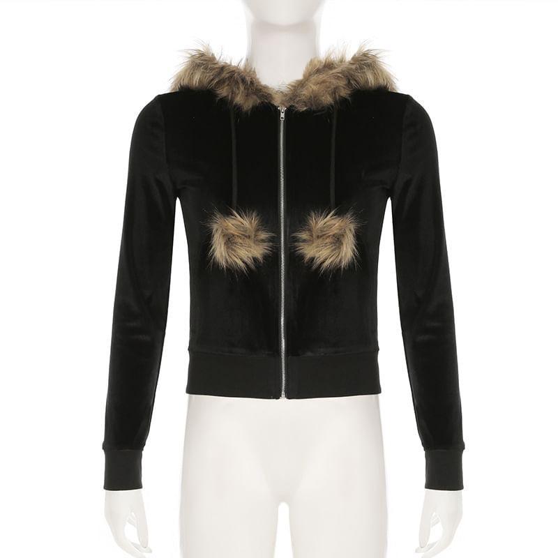 Hooded Faux Fur Trim Zip Up Crop Jacket Product Image