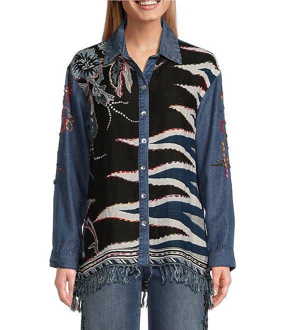 John Mark Embroidered Scarf Jacquard Point Collar Long Roll-Tab Sleeve Button Front Blouse Product Image