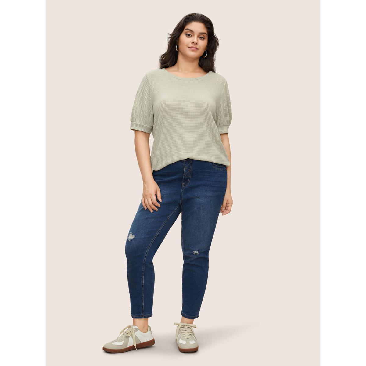 Plus Size Solid Waffle Knit Crew Neck T-shirt LightGreen Women Casual Texture Round Neck Everyday T-shirts BloomChic 18-20/2X Product Image
