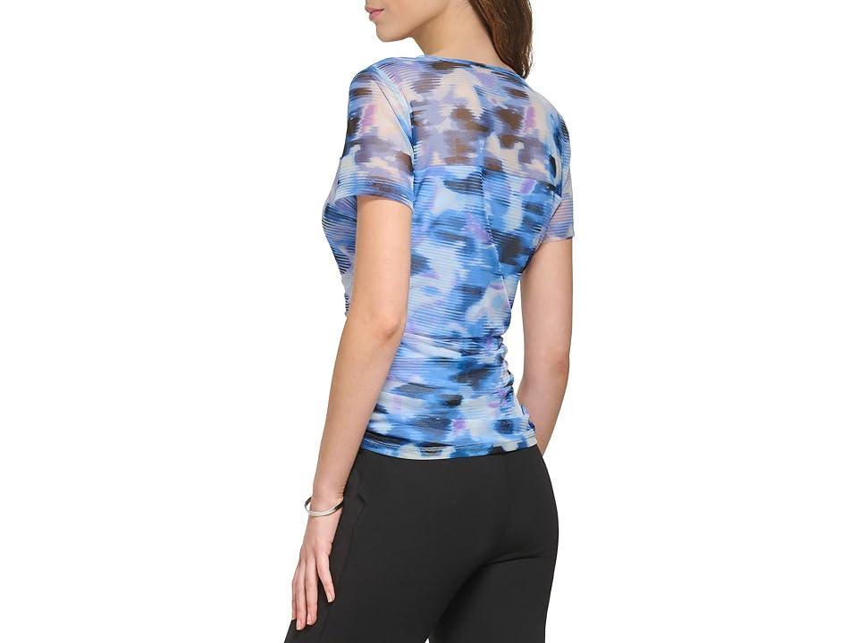 DKNY Short Sleeve Print Mesh Top (Frosting /White Multi) Women's Clothing Product Image
