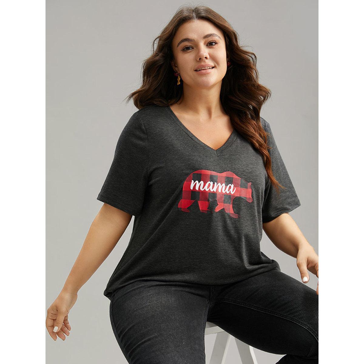 Plus Size Plaid Bear Patchwork Round Neck T-shirt DimGray Women Casual Printed Christmas Festival-Christmas T-shirts BloomChic 10/M Product Image