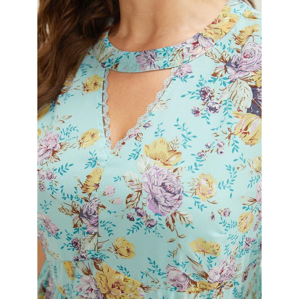 Plus Size Floral Lace Trim Keyhole Neck Pocket Puff Sleeve Dress Turquoise Women Elegant Patchwork Mock Neck Short sleeve Curvy Midi Dress BloomChic 30/6X Product Image
