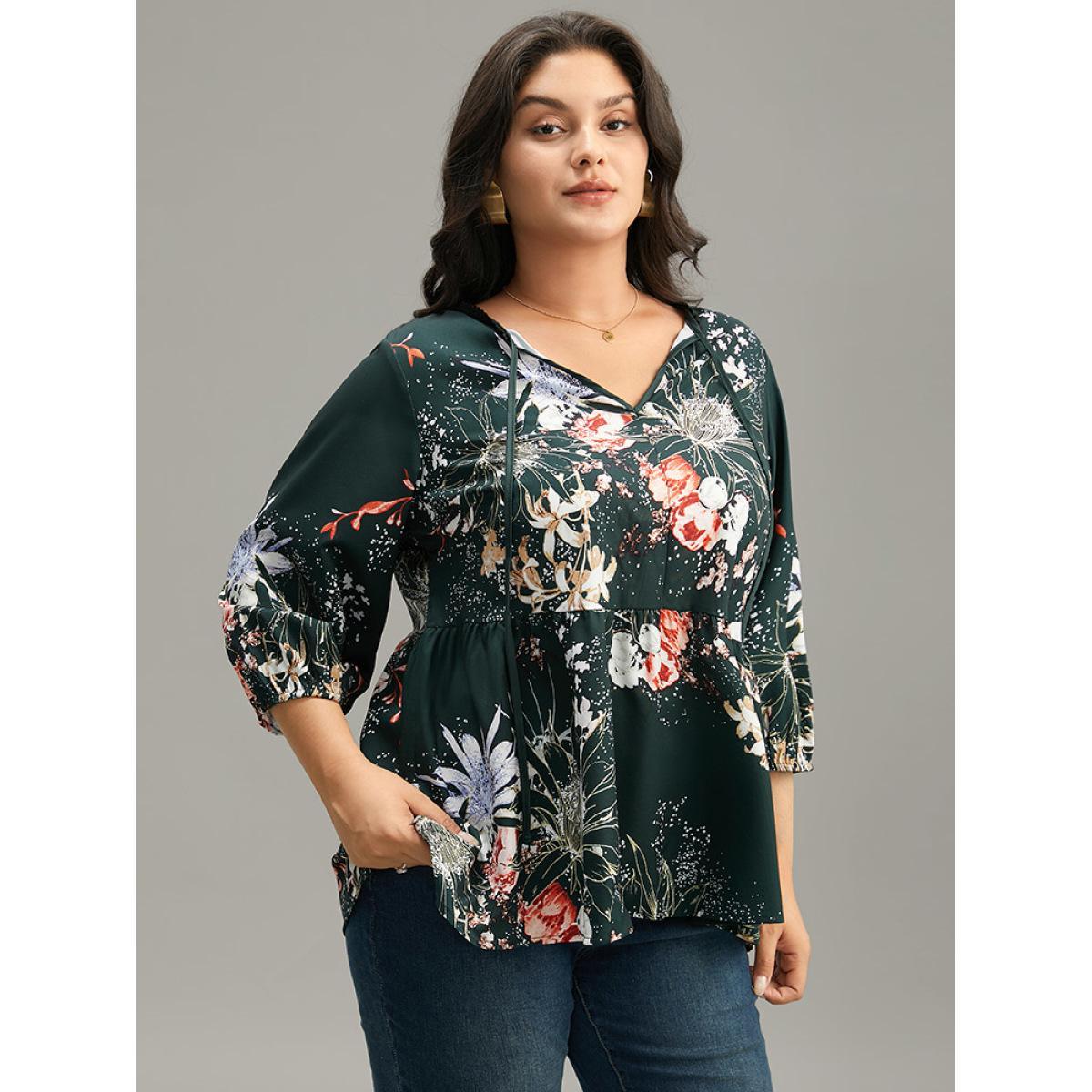 Plus Size DarkGreen Floral Print Knot Neck Pompom Trim Gathered Blouse Women Elegant Elbow-length sleeve Tie Neck Everyday Blouses BloomChic 30/6X Product Image