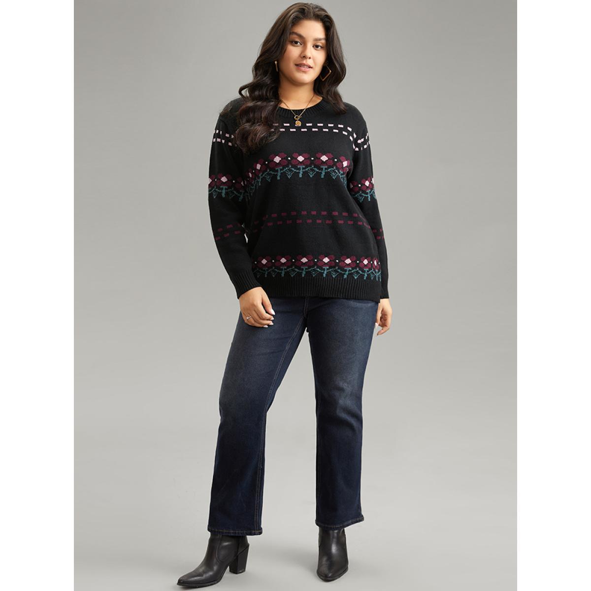Plus Size Supersoft Essentials Floral Jacquard Split Side Pullover Black Women Casual Loose Long Sleeve Round Neck Dailywear Pullovers BloomChic 10/M Product Image