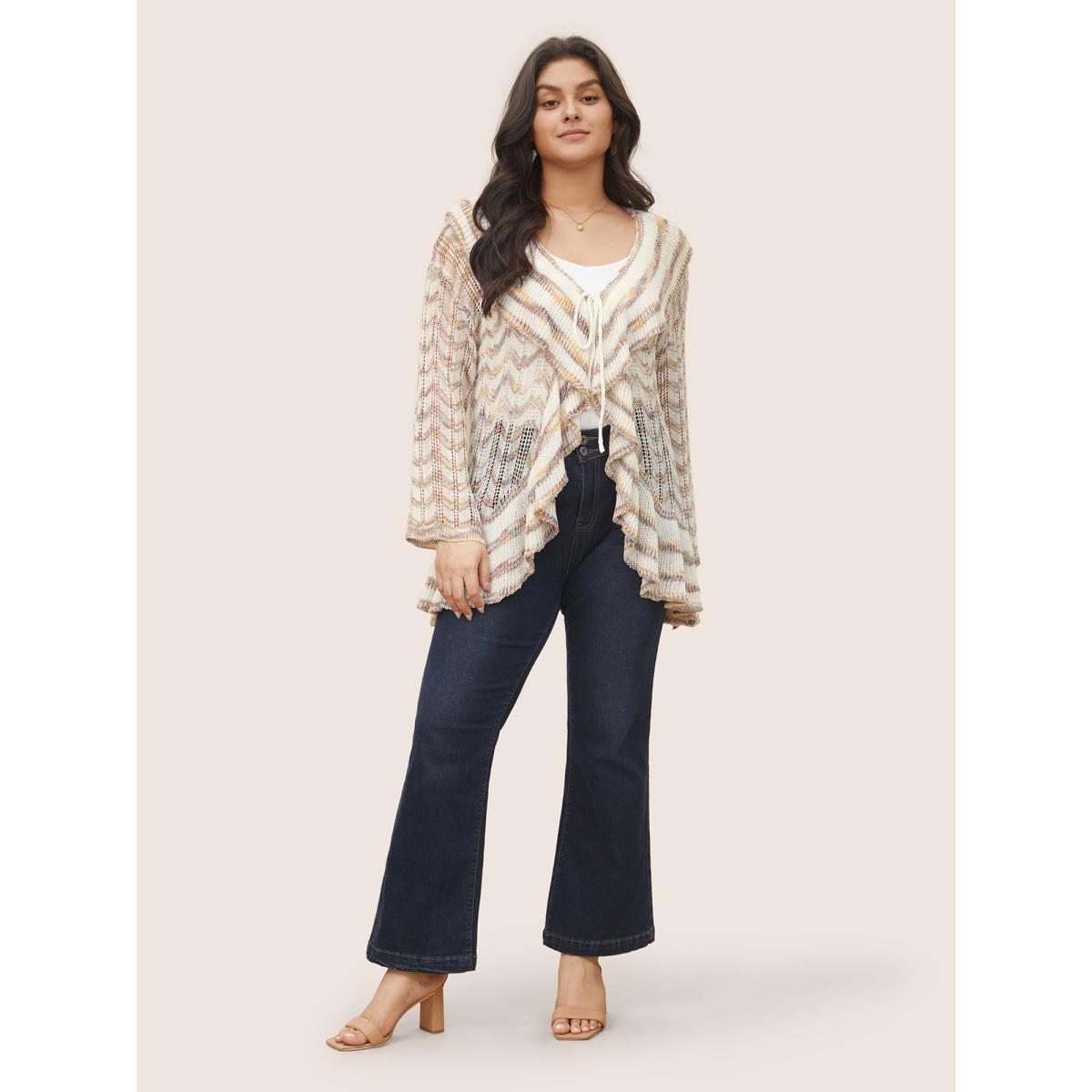 Plus Size Ombre Heather Ruffle Trim Ties Front Cardigan Ivory Women Everyday Elegant Cover Ups Bloomchic 22-24/3X Product Image