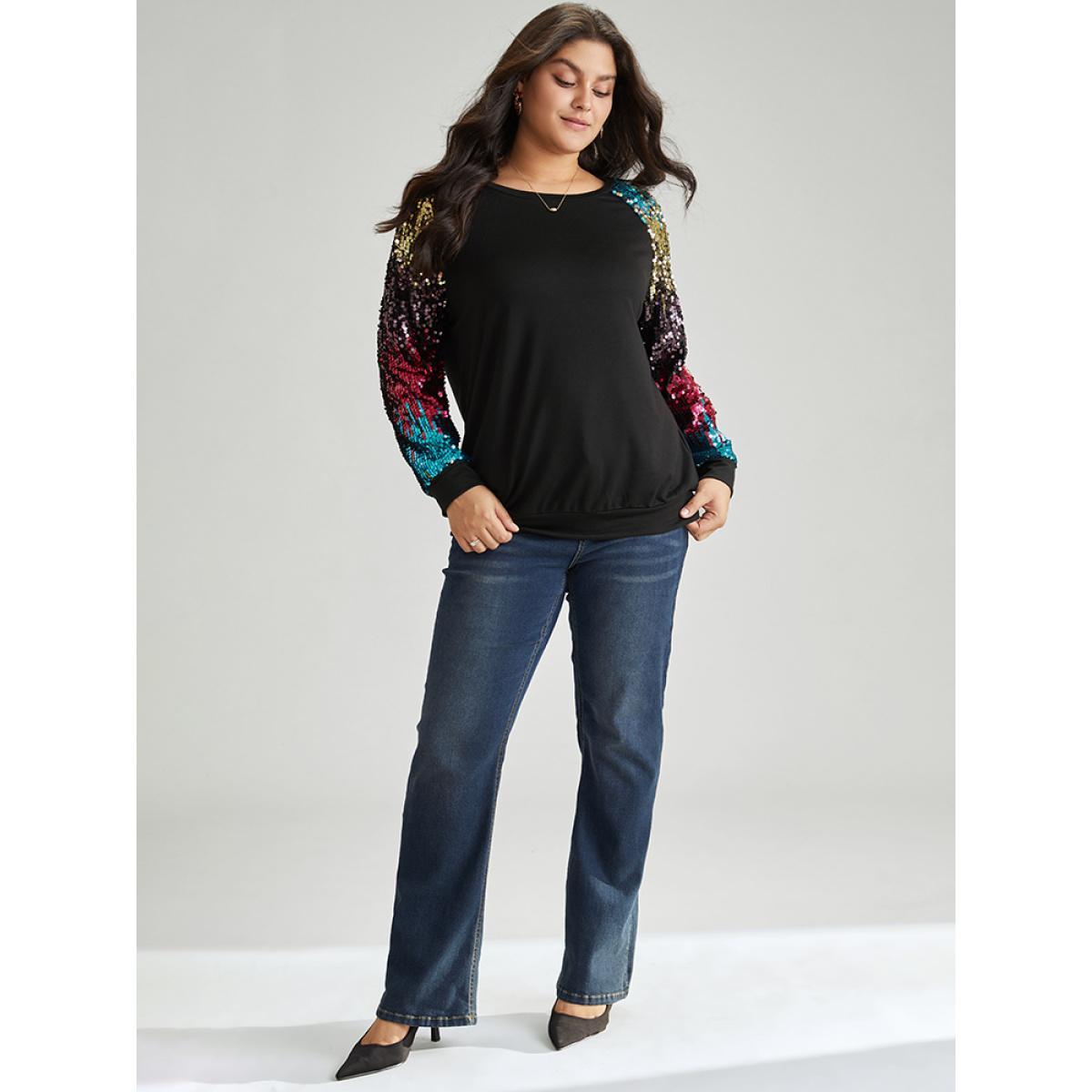 Plus Size Rainbow Sequin Patchwork Raglan Sleeve Sweatshirt Women Black Cocktail Sequin Round Neck Party Sweatshirts BloomChic 10/M Product Image