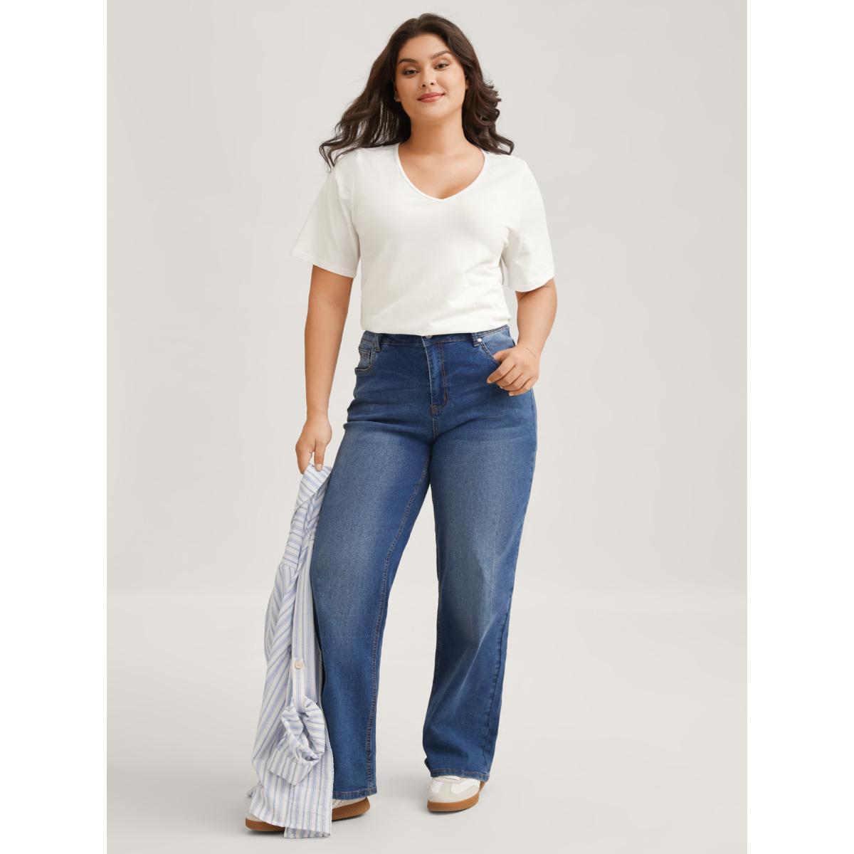 Plus Size Cotton V Neck Plain Basic T-shirt White Women Basics Non Plain V-neck Everyday T-shirts BloomChic 28/5X Product Image