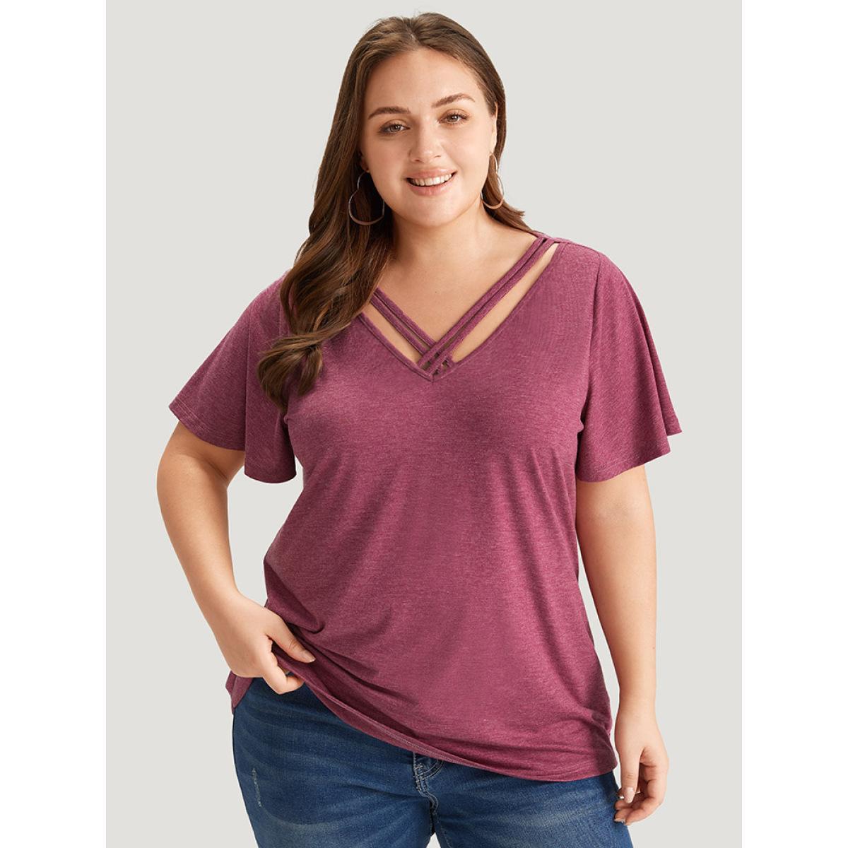 Plus Size Plain Ruffle Sleeve Heather Crisscross Neck T-shirt RedViolet Women Casual Heather Plain V-neck Dailywear T-shirts BloomChic 30/6X Product Image