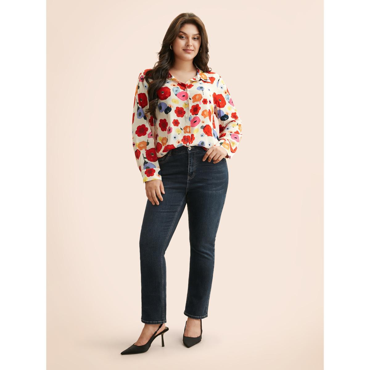 Plus Size Multicolor Contrast Floral Shirt Collar Blouse Women Elegant Long Sleeve Shirt collar Everyday Blouses BloomChic 26/4X Product Image