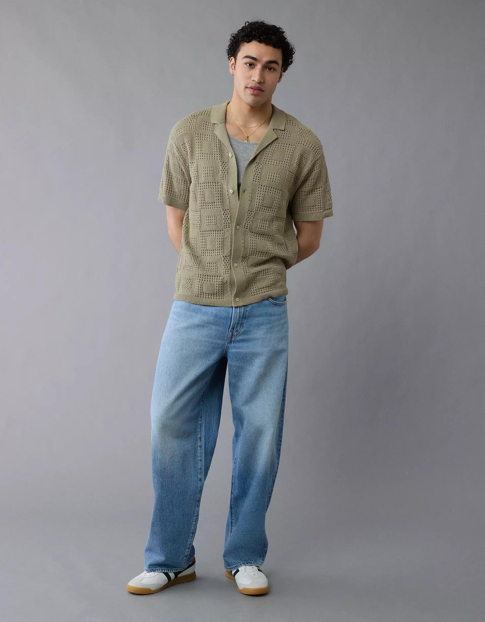 AE Weekend Textured Checkerboard Button-Up Sweater Polo Shirt Product Image