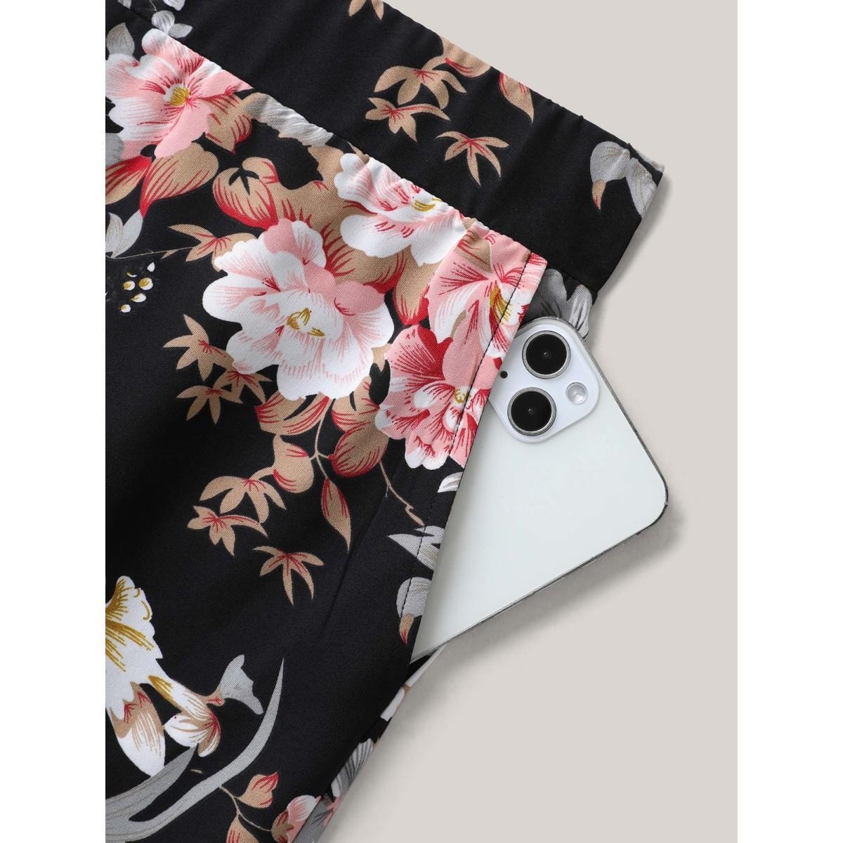 Plus Size Floral Print Pockets Wide-Leg Pants Women BlackFlower Elegant Wide Leg Mid Rise Everyday-Elegant Pants BloomChic 12/L Product Image