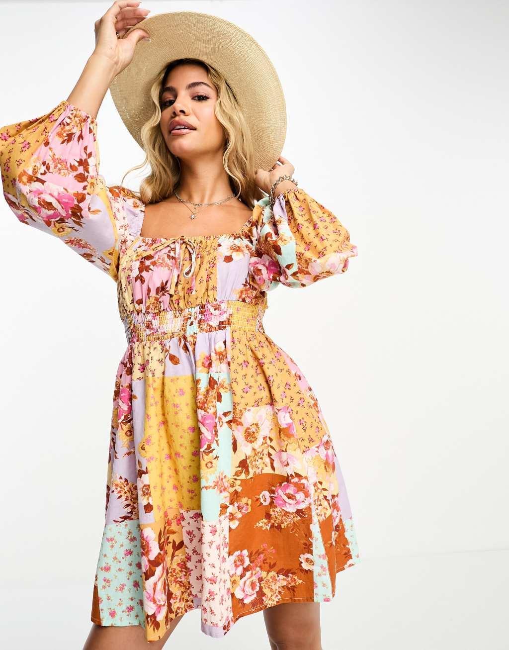 Miss Selfridge cotton flax milkmaid shirred waist mini dress Product Image