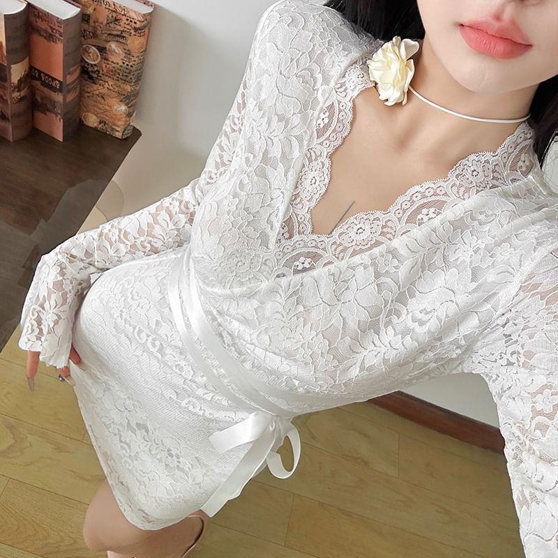 Bell Sleeve V-Neck Plain Lace Panel Slim-Fit Mini Bodycon Dress Product Image