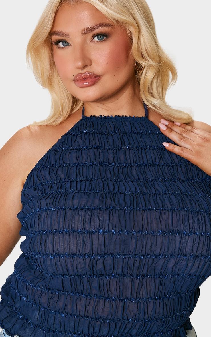 Plus Navy Chiffon Ruched Detail Halterneck Long Line Top Product Image