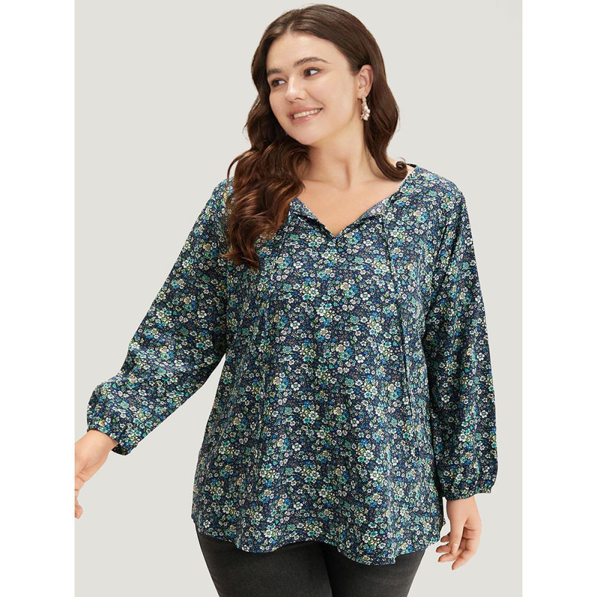 Plus Size Indigo Ditsy Floral Knot Neck Elastic Cuffs Blouse Women Elegant Long Sleeve Tie Neck Everyday Blouses BloomChic 22-24/3X Product Image
