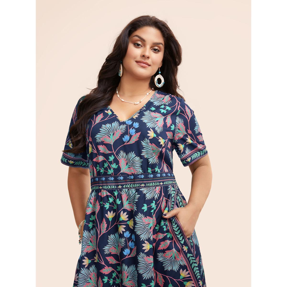 Plus Size Boho Print Shirred Pocket Midi Dress Navy Women Resort Shirred V-neck Short sleeve Curvy BloomChic 28/5X Product Image