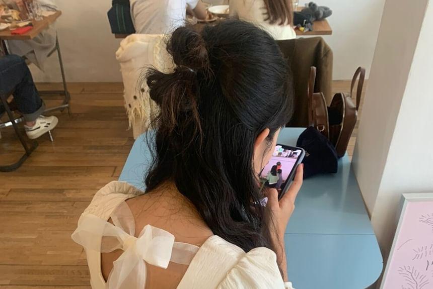 Long-Sleeve Ribbon Back Plain Blouse Product Image
