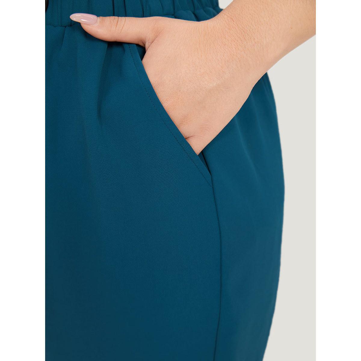 Plus Size Solid Pocket Elastic Waist Button Detail Pants Women Cyan Office Straight Leg Mid Rise Dailywear Pants BloomChic 30/6X Product Image