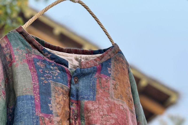 Crew Neck Floral Print Padded Blouse Product Image