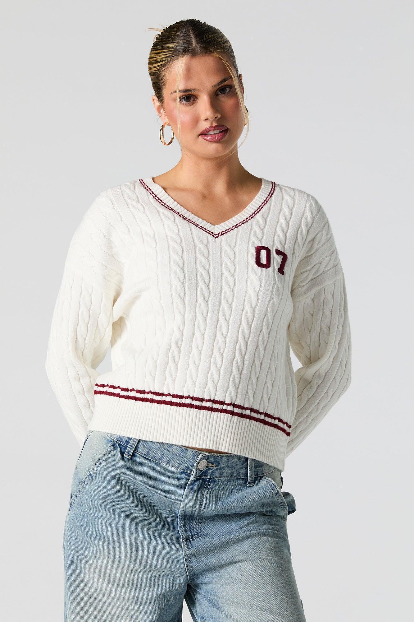 Number Embroidered Cable Knit Sweater Female Product Image