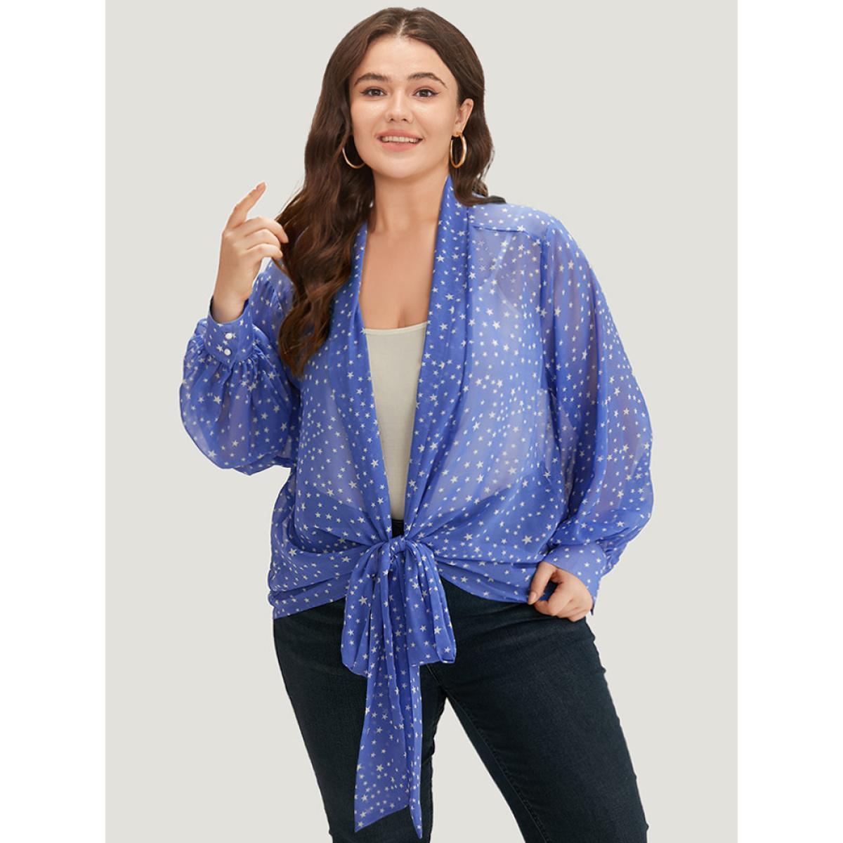 Plus Size UltraCool Star Print Lapel Collar Bowknot Kimono Women Blue Casual Drape Dailywear Kimonos BloomChic 14-16/1X Product Image
