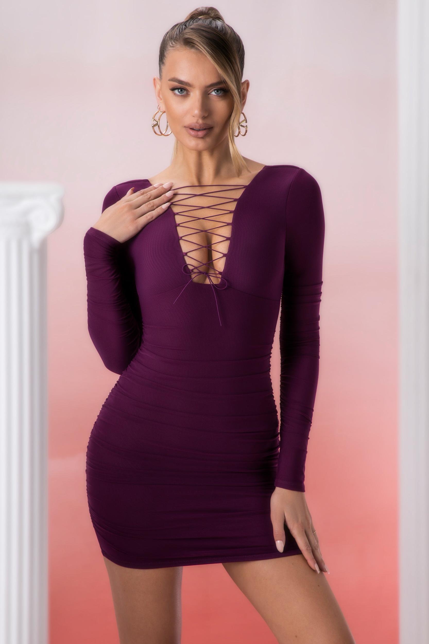 Lace Up Long Sleeve Mini Dress in Wine Product Image
