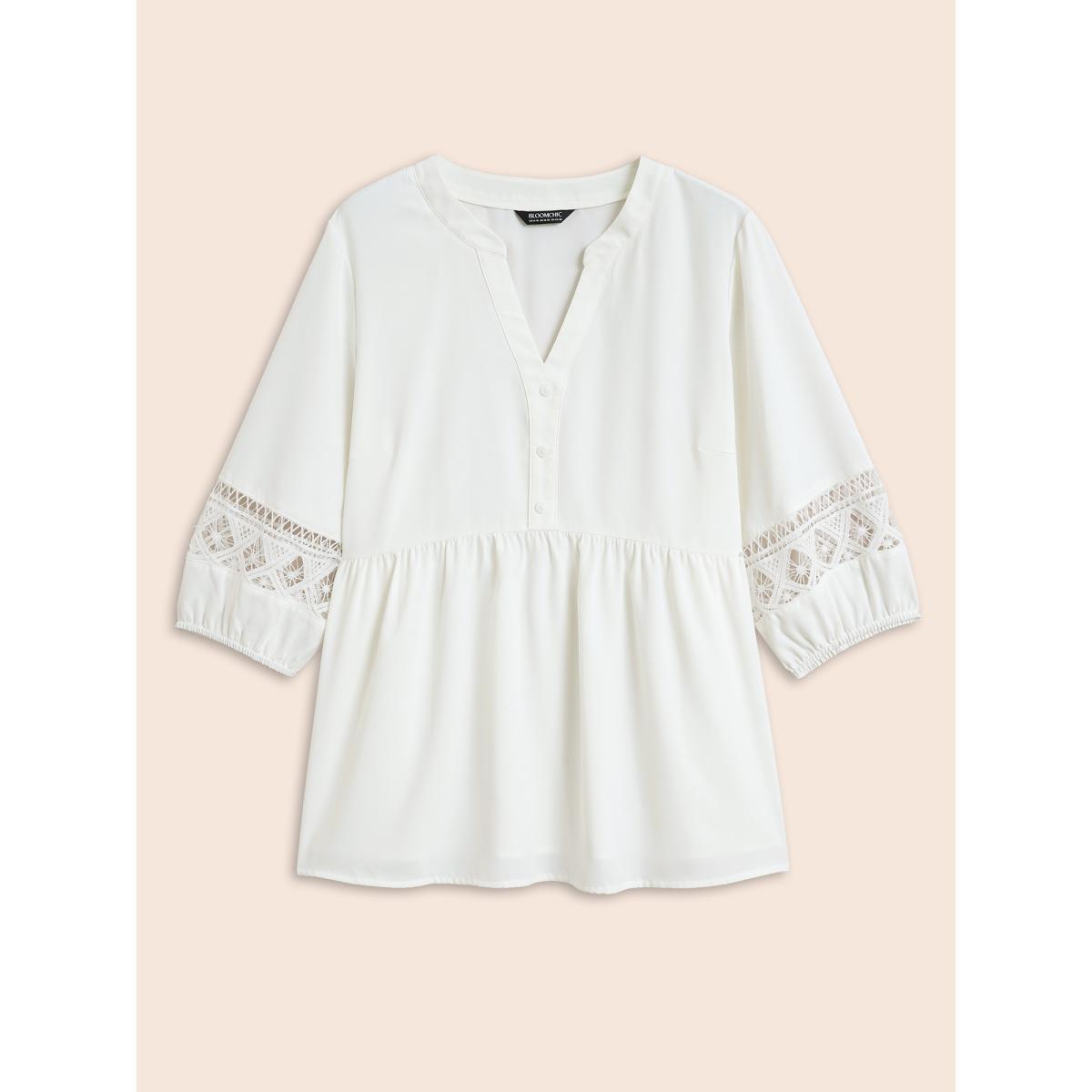 Plus Size WhiteSmoke Notched Patchwork Cut Out Lantern Sleeve Blouse Women At the Office Elbow-length sleeve Flat collar with V-notch Work Blouses BloomChic 10/M Product Image