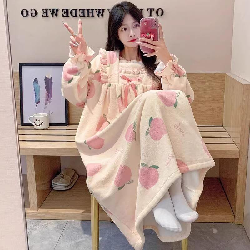 Long Sleeve  Square Neck Patterned Bow Ruffle Coral Fleece Pajama Dress Product Image