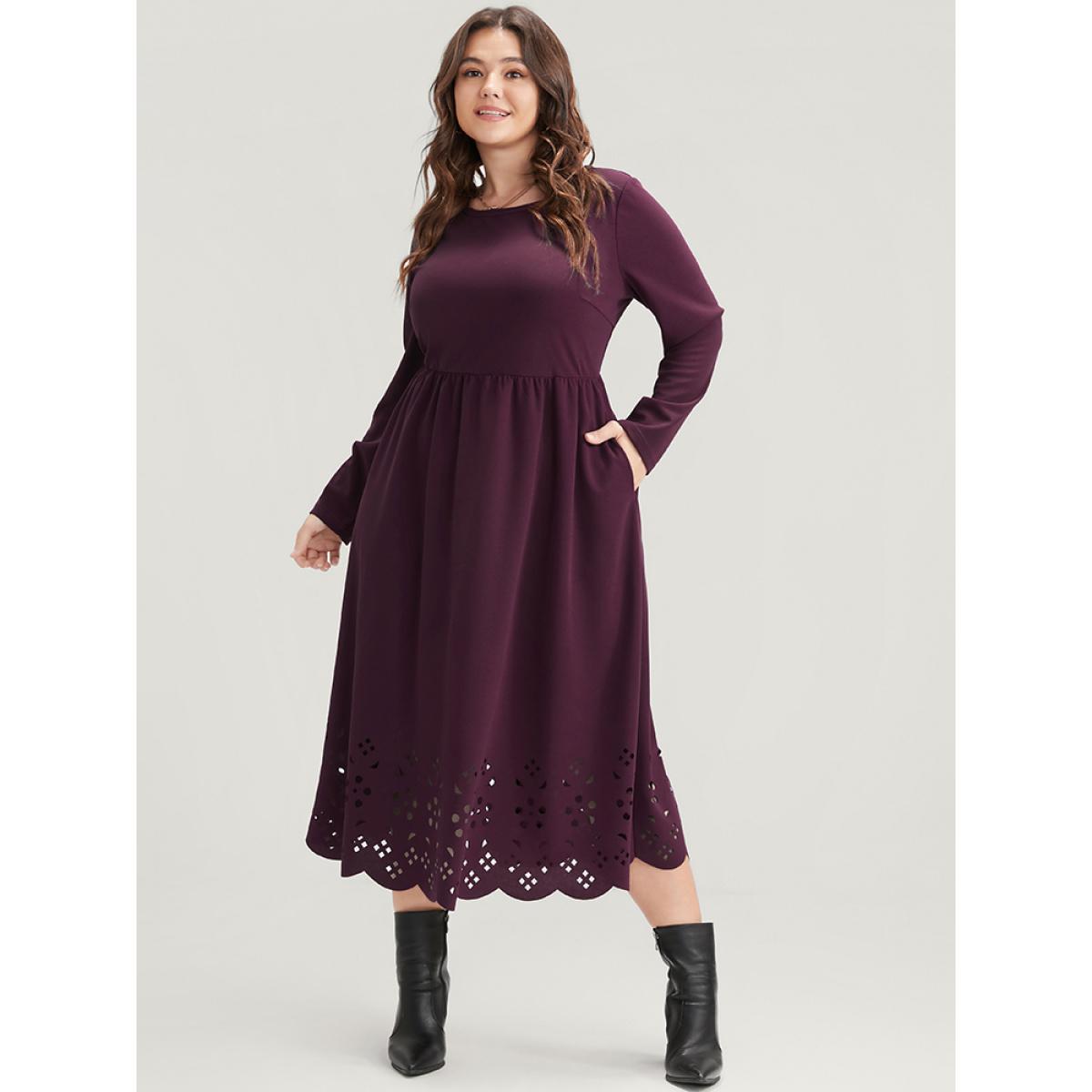 Plus Size Solid Round Neck Laser Cut Pocket Midi Dress Eggplant Women Elegant Elastic Waist Round Neck Long Sleeve Curvy Midi Dress BloomChic 30/6X Product Image