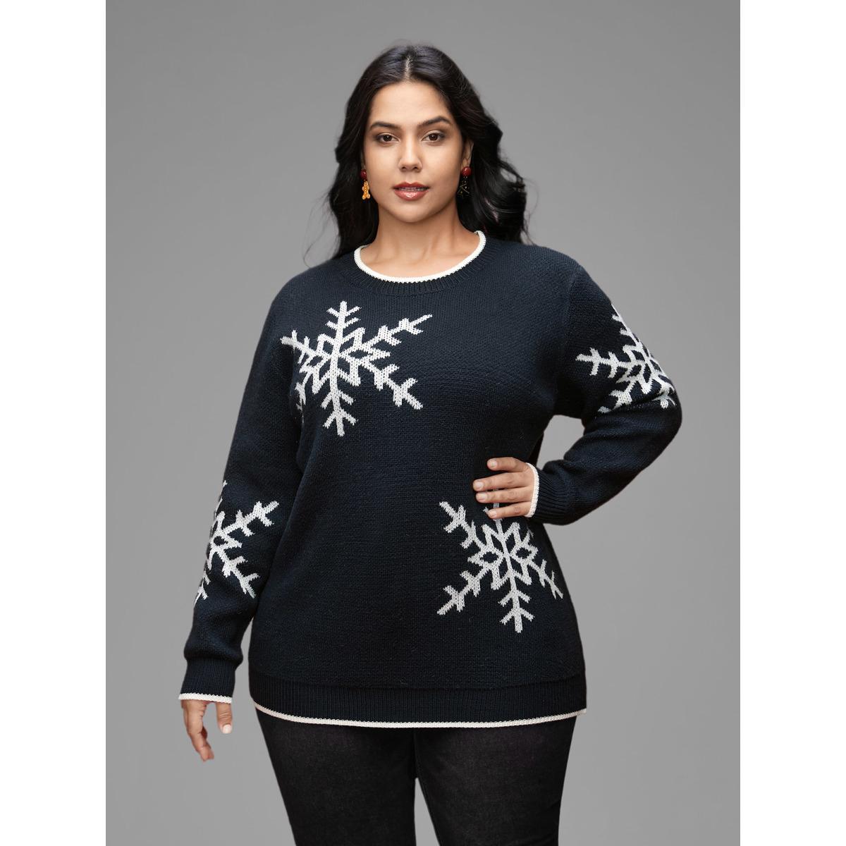 Plus Size Snowflakes Pattern Contrasting Hem Pullover Indigo Women Casual Loose Long Sleeve Round Neck Everyday Pullovers BloomChic 22-24/3X Product Image