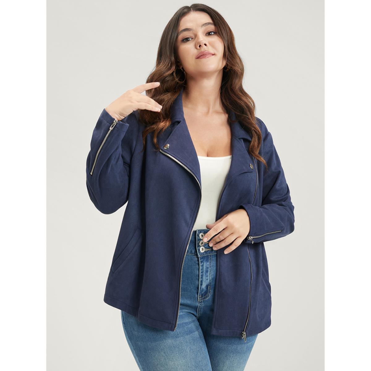 Plus Size Solid Lapel Collar Pocket Zip Up Coat Women Indigo Casual Zipper Ladies Dailywear Winter Coats BloomChic 22-24/3X Product Image