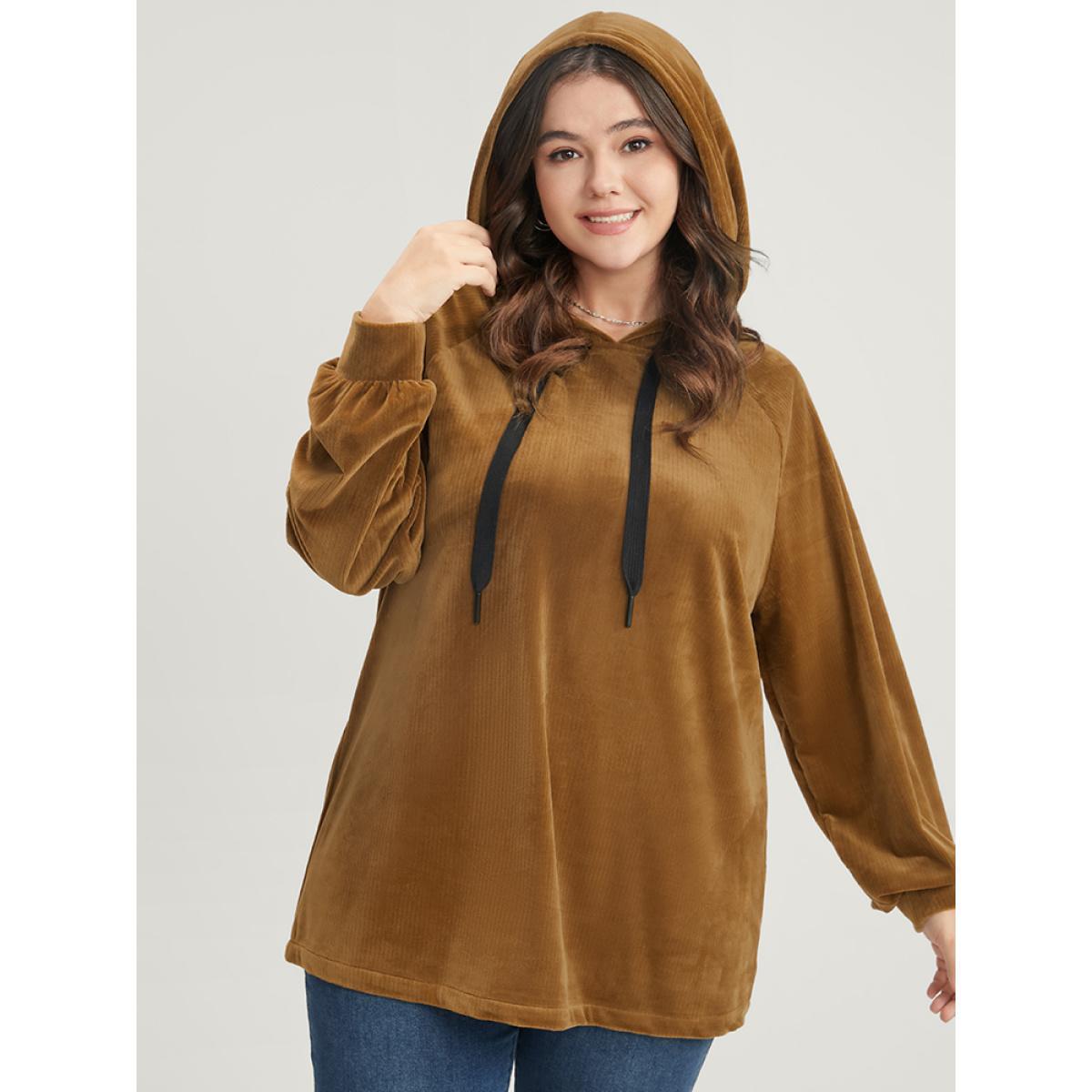 Plus Size Solid Corduroy Drawstring Hooded Sweatshirt Women DarkBrown Casual Drawstring Hooded Dailywear Sweatshirts BloomChic 18-20/2X Product Image