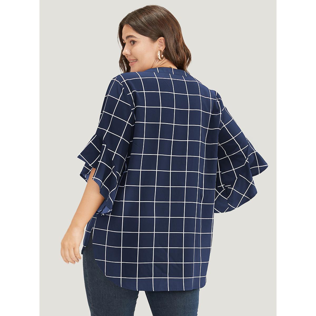 Plus Size Blue Plaid Notched Button Up Ruffle Sleeve Split Hem Blouse Women Office Elbow-length sleeve Notched collar Work Blouses BloomChic 30/6X Product Image
