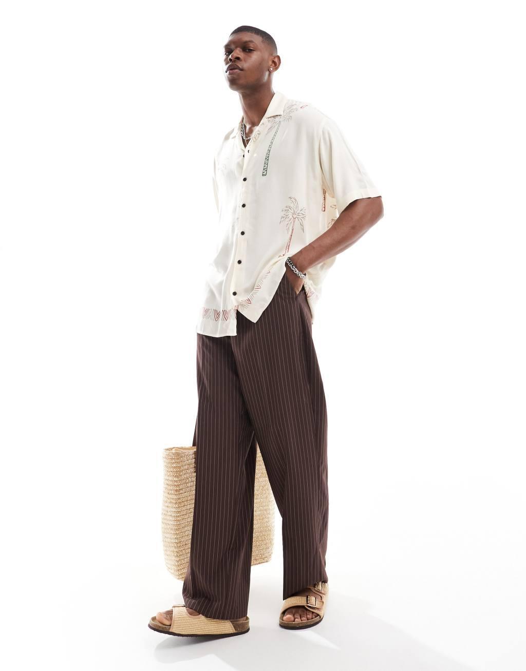 Jack & Jones camp collar palm print shirt in white Product Image