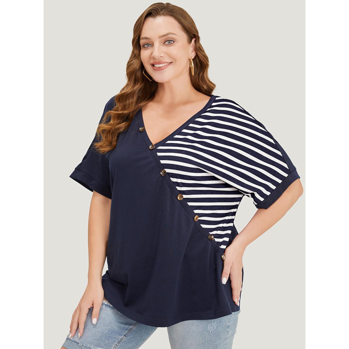Plus Size Striped Contrast Wrap Batwing Sleeve Patchwork T-shirt Indigo Women Casual Wrap Striped V-neck Dailywear T-shirts BloomChic 22-24/3X Product Image
