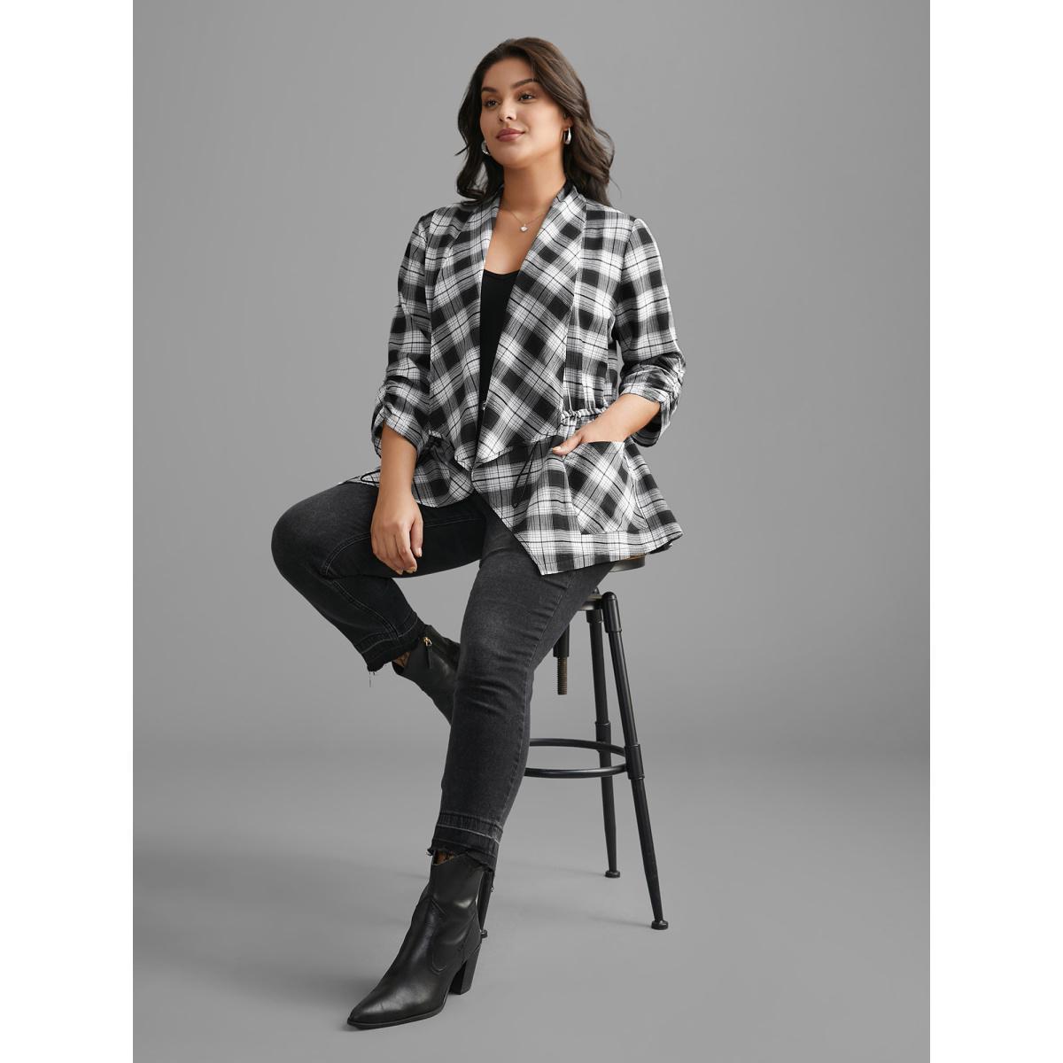 Plus Size Plaid Drawstring Patched Pocket Coat Women Black Elegant Drawstring Ladies Everyday Winter Coats BloomChic 14-16/1X Product Image