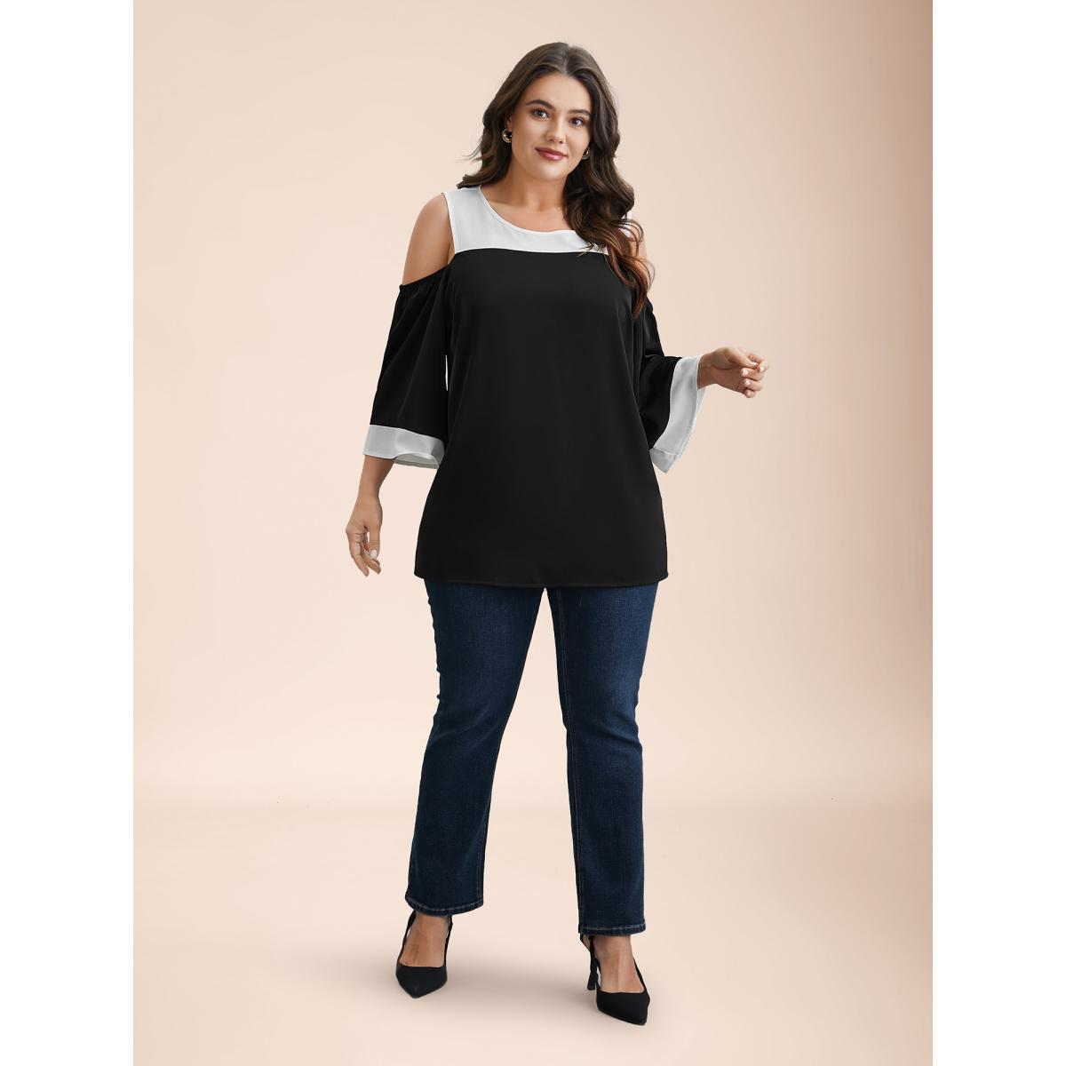 Plus Size Black Color-Block Off-Shoulder Pleated Blouse Women Elegant Elbow-length sleeve Round Neck Everyday Blouses BloomChic 30/6X Product Image