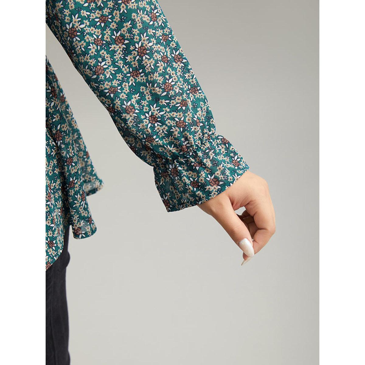 Plus Size DarkGreen Chiffon Ditsy Floral Elastic Waist Ruffle Hem Blouse Women Elegant Long Sleeve V-neck Everyday Blouses BloomChic 26/4X Product Image