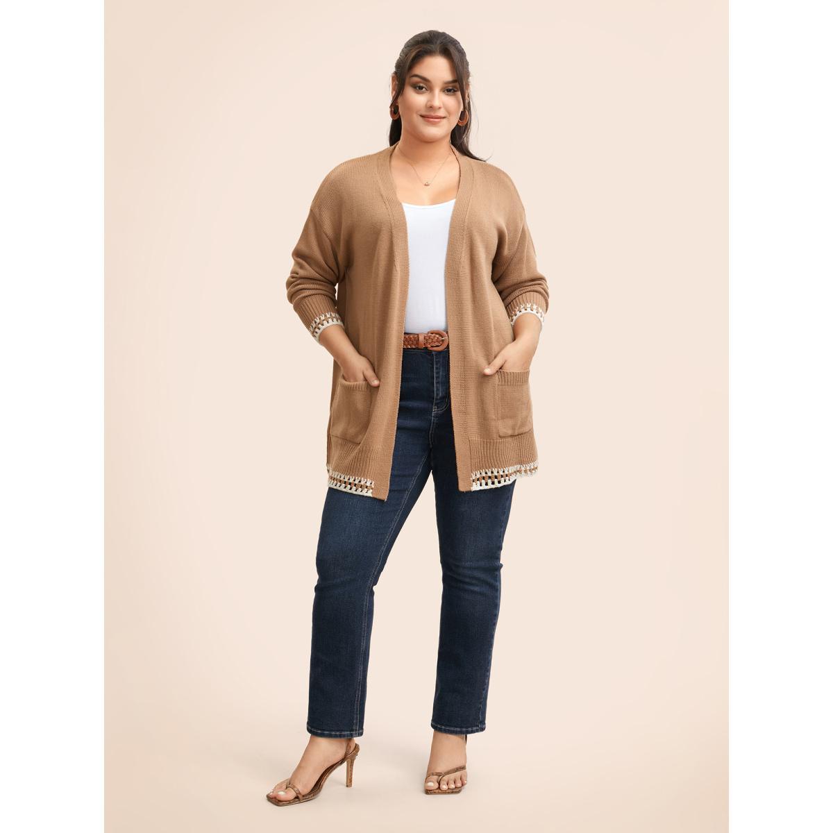 Plus Size Crochet Contrast Wool Blend Cardigan Tan Women Casual Loose Long Sleeve Everyday Cardigans BloomChic 26/4X Product Image