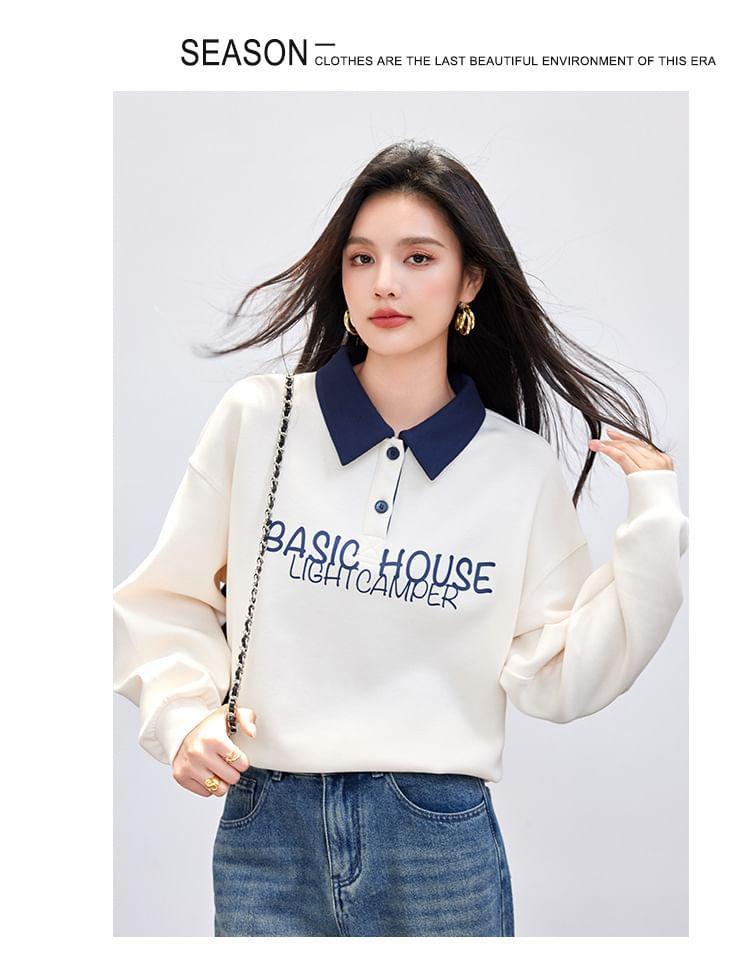 Contrast Collar Lettering Print Polo Pullover Product Image