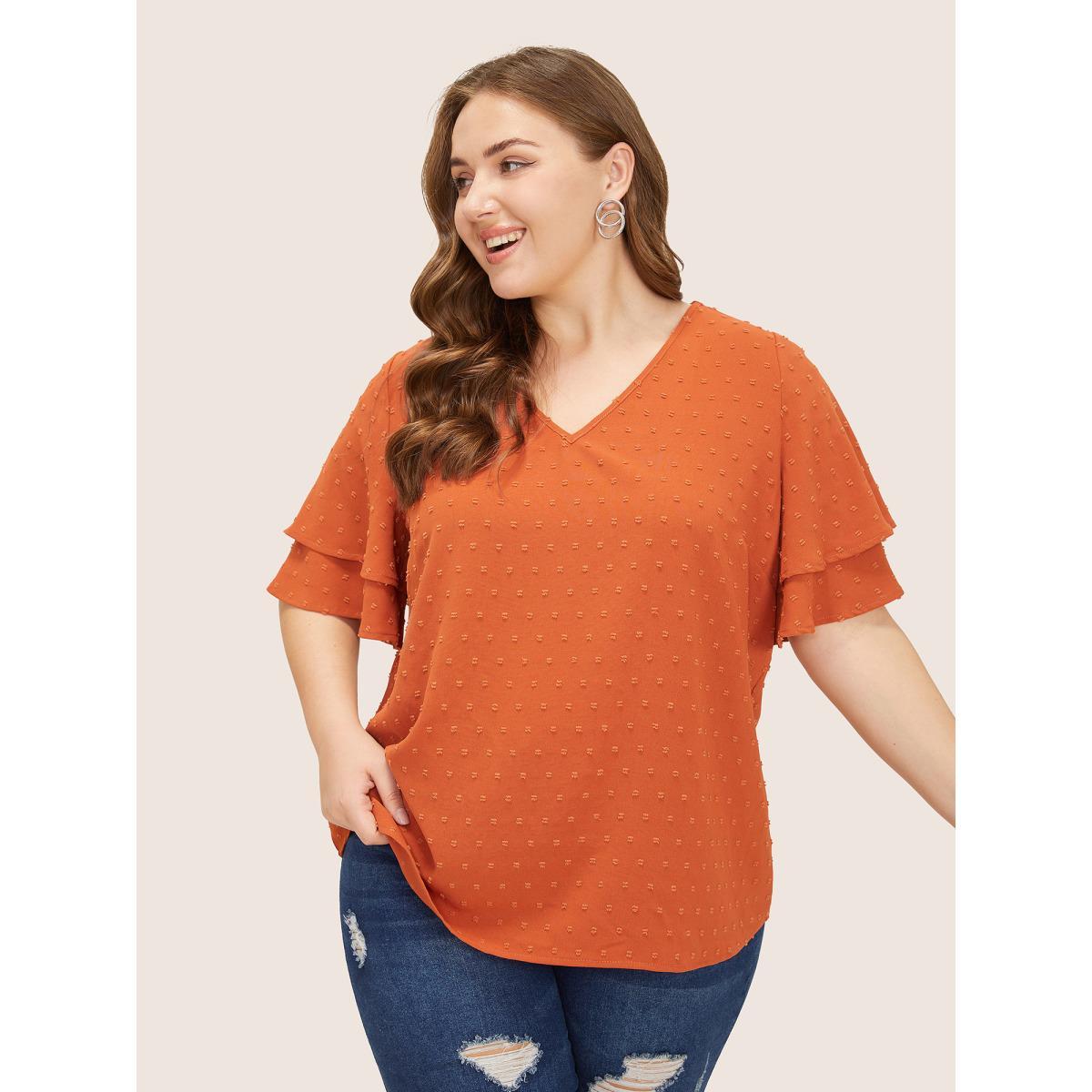 Plus Size Orange Plain Ruffle Tiered Sleeve V Neck Polka Dot Blouse Women Elegant Short sleeve V-neck Everyday Blouses BloomChic 22-24/3X Product Image