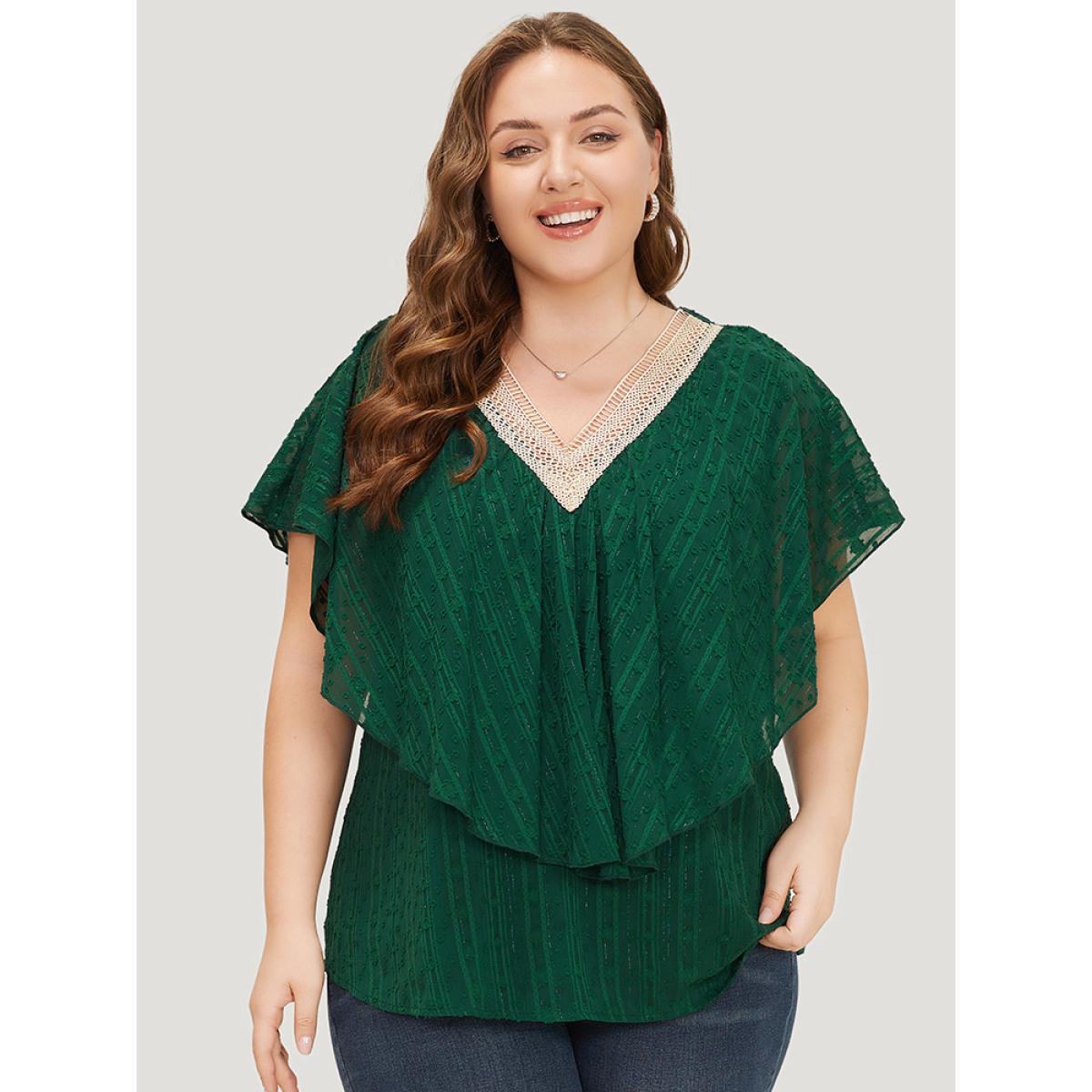 Plus Size DarkGreen Solid Textured Flutter Trim Contrast Lace Blouse Women Elegant Short sleeve V-neck Dailywear Blouses BloomChic 28/5X Product Image